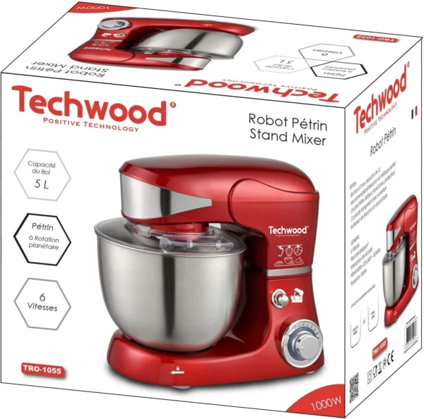 Robot Pétrin inox 5L 1000W 6Vitesses Techwood TRO-1055 Rouge – Image 3