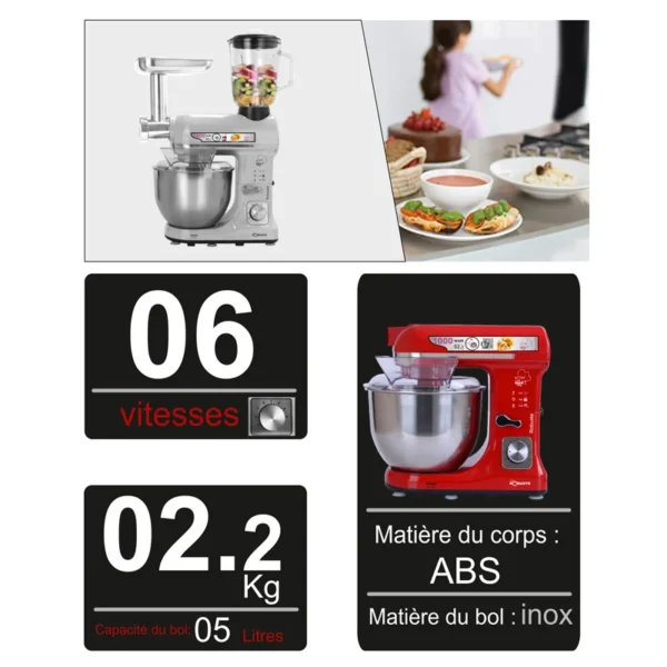 Robot Pétrin 3 en 1 inox 5L 1000 W 06Vitesses GRENAT Robuste RPM37 Noir – Image 3