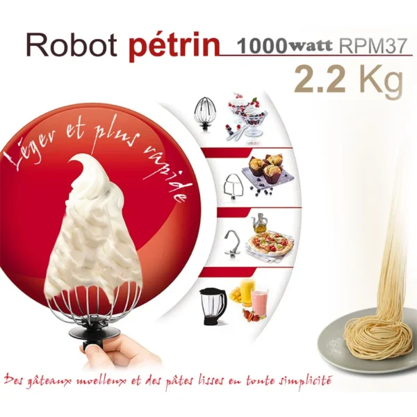 Robot Pétrin 3 en 1 inox 5L 1000 W 06Vitesses GRENAT Robuste RPM37 Noir – Image 2